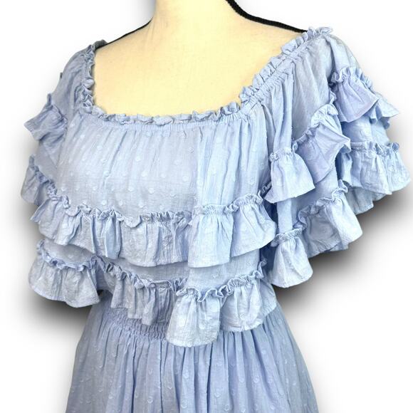 Indikah Off Shoulder Ruffle Mini Dress Smocked Waist Lined Light Blue Size XS - Picture 2 of 8
